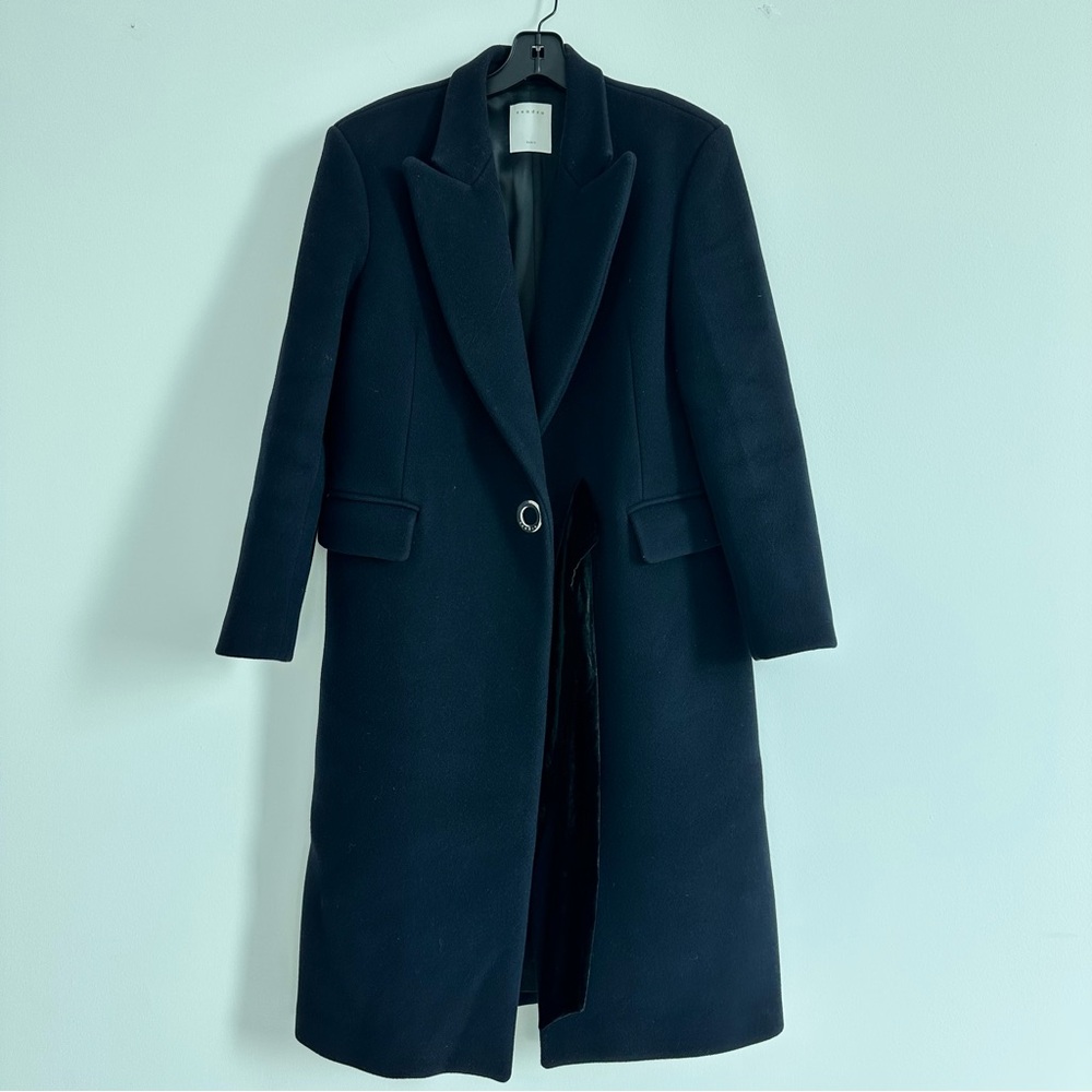 Sandro navy coat with ring and velvet bow